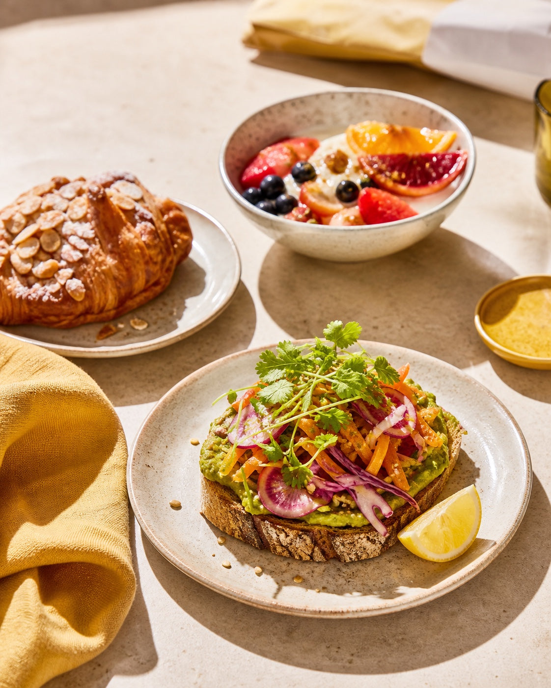 A joyful modern food spread in warm morning light