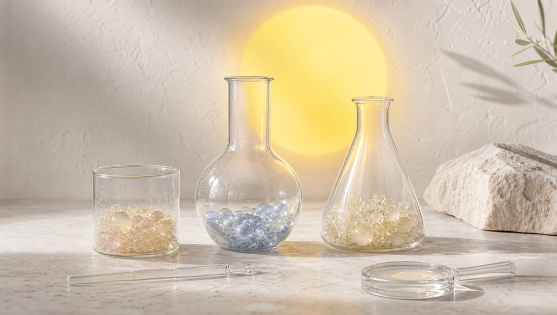 Three glass culture vessels representing distinct probiotic strains